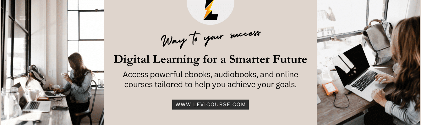 Levicourse banner promoting ebooks, audiobooks, and online courses for digital learning
